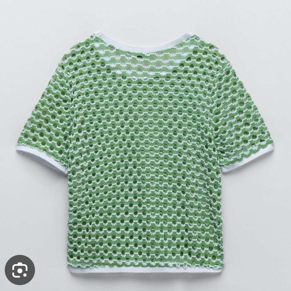 Zara Womens Crochet Knit Green Polo Shirt Size S